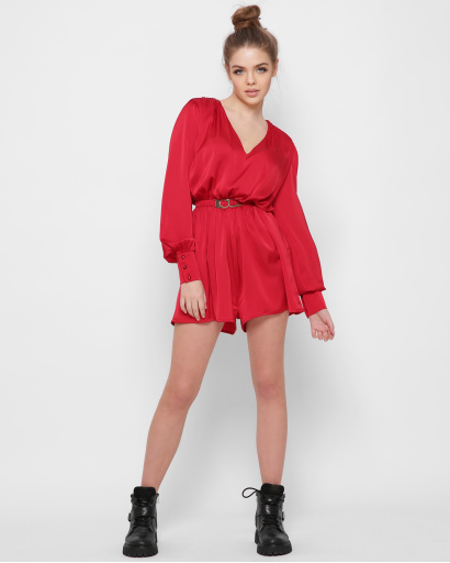 Шовковий червоний комбінезон із поясом 48821, Колір: Червоний, Розмір: XS, зображення 4