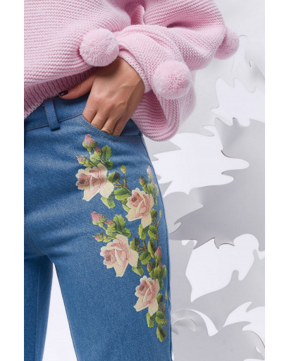 Стильні джинси скінні з квітковою вишивкою 28968, Колір: Блакитний, Розмір: XS, зображення 4