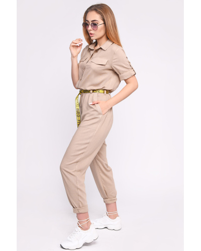 Льняной бежевый комбинезон с поясом 35868, Цвет: Бежевый, Размер: XS, изображение 2