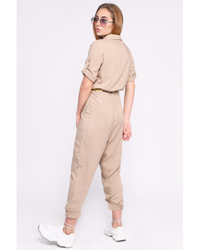 Льняной бежевый комбинезон с поясом 35868, Цвет: Бежевый, Размер: XS, изображение 3