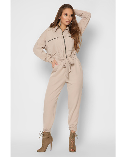 Жіночий бежевий комбінезон із великими кишенями 36723, Колір: Бежевий, Розмір: XS, зображення 2