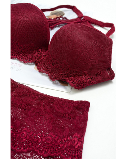Бордовый кружевной комплект с пуш-ап эффектом 34817, Цвет: Бургунди, Размер: 85 B трусики XL, изображение 2