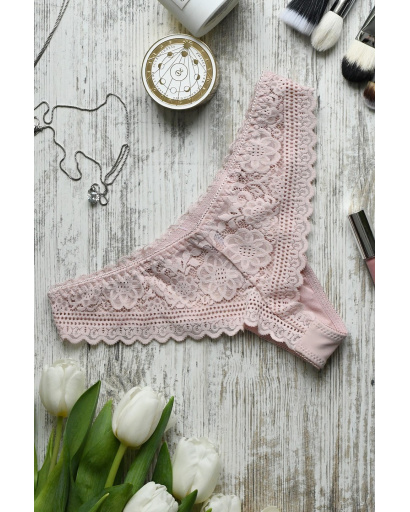 Стильные трусики танга с кружевом и бантиком 35173, Цвет: Пудровый, Размер: L, изображение 2