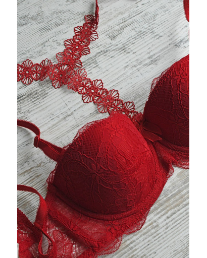 Ніжний комплект з мережива з пуш-ап ефектом 34791, Колір: Червоний, Розмір: 80 В трусики L, зображення 3