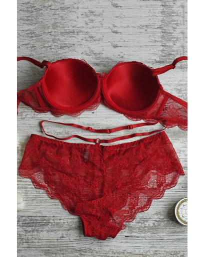 Ніжний комплект з мережива з пуш-ап ефектом 34791, Колір: Червоний, Розмір: 80 В трусики L, зображення 2