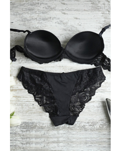 Черный комплект из микрофибры и кружева с пуш-ап эффектом 34796, Цвет: Черный, Размер: 85 B трусики XL, изображение 2