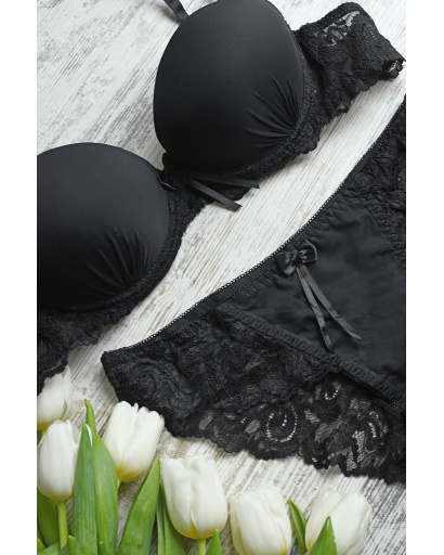 Черный комплект из микрофибры и кружева с пуш-ап эффектом 34796, Цвет: Черный, Размер: 85 B трусики XL, изображение 3