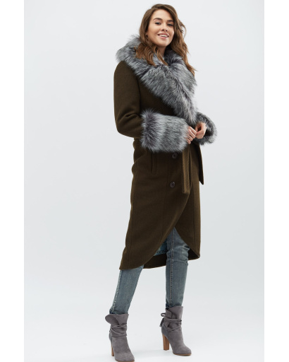 Зимнее пальто с мехом чернобурки цвета хаки 28025, Цвет: Хаки, Размер: XS, изображение 4