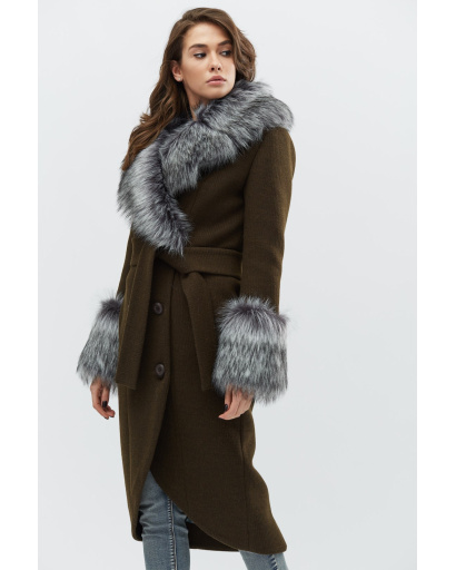 Зимнее пальто с мехом чернобурки цвета хаки 28025, Цвет: Хаки, Размер: XS, изображение 5