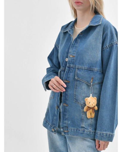 Модна синя джинсова куртка з ведмедиком 55148, Колір: Синій, Розмір: XS, зображення 2