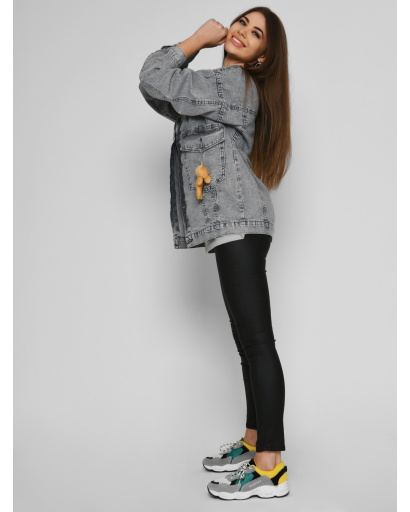 Модна сіра джинсова куртка з ведмедиком 55150, Колір: Сірий, Розмір: M, зображення 3