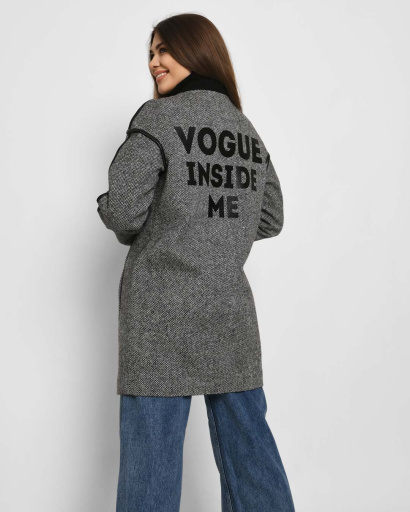 Чорне пальто з принтом "Vogue inside me" 32134, Колір: Чорний, Розмір: XS, зображення 2