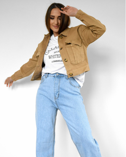 Коротка бежева джинсова куртка 55157, Колір: Бежевий, Розмір: S, зображення 2