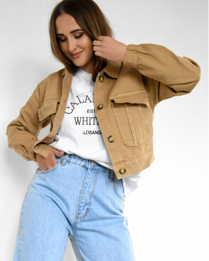 Коротка бежева джинсова куртка 55157, Колір: Бежевий, Розмір: S, зображення 3