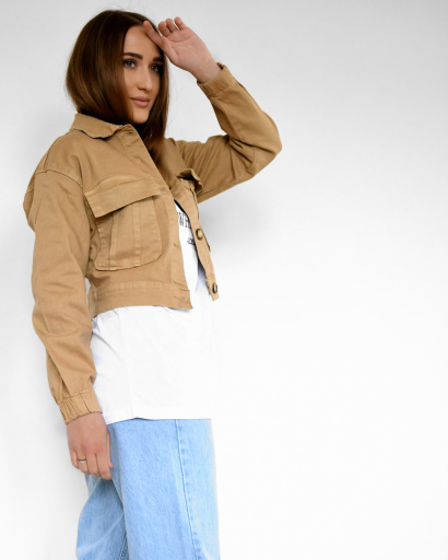Коротка бежева джинсова куртка 55157, Колір: Бежевий, Розмір: S, зображення 4