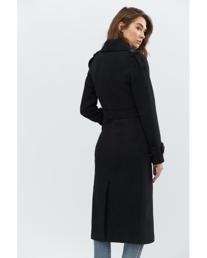 Чорне однотонне пальто з погонами 15569, Колір: Чорний, Розмір: M, зображення 2