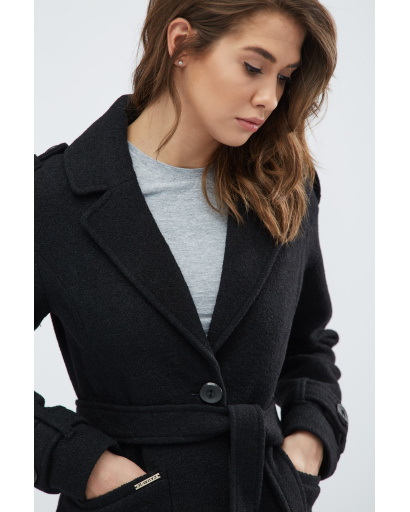 Чорне однотонне пальто з погонами 15569, Колір: Чорний, Розмір: M, зображення 3