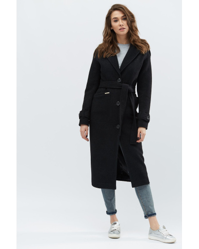 Чорне однотонне пальто з погонами 15569, Колір: Чорний, Розмір: M, зображення 4