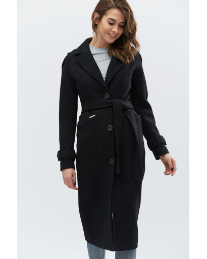 Чорне однотонне пальто з погонами 15569, Колір: Чорний, Розмір: M, зображення 5