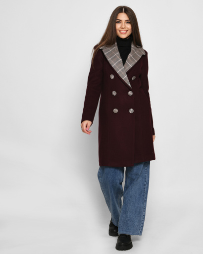 Пальто з коміром у клітинку кольору марсала 32512, Колір: Бургунді, Розмір: L, зображення 4