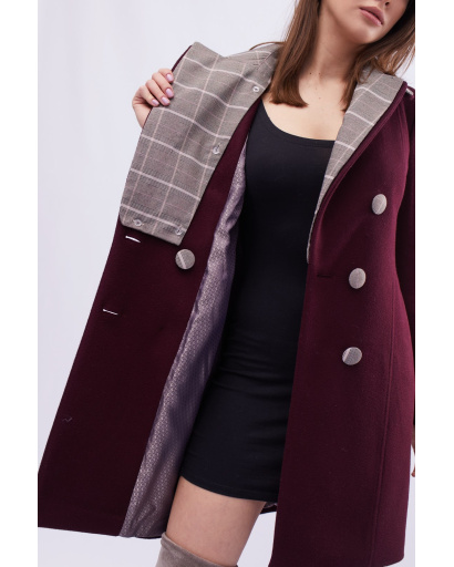 Пальто з коміром у клітинку кольору марсала 32512, Колір: Бургунді, Розмір: L, зображення 6