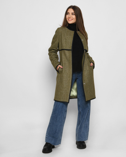 Оливкове пальто з круглим коміром та чорними вставками 32198, Колір: Оливковий, Розмір: XS, зображення 4