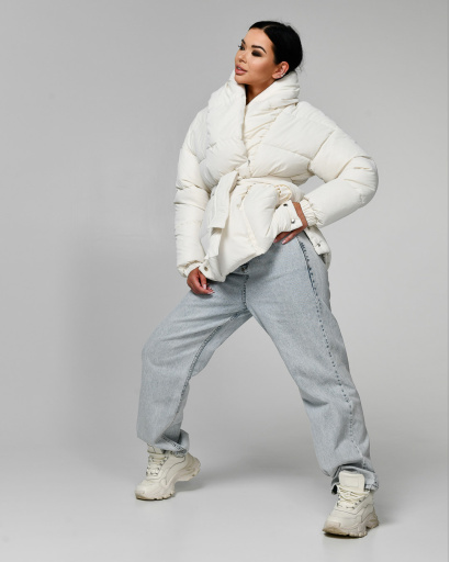 Зимова жіноча куртка з поясом, колір молочний 55577, Колір: Молочний, Розмір: L, зображення 4