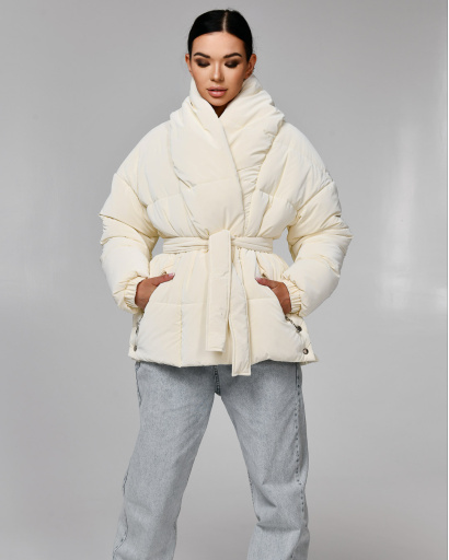 Зимова жіноча куртка з поясом, колір молоко 55583, Колір: Молочний, Розмір: L, зображення 5