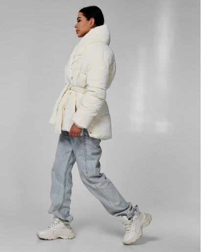Зимова жіноча куртка з поясом, колір молоко 55583, Колір: Молочний, Розмір: L, зображення 7