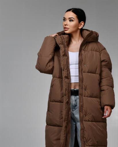 Длинный женский пуховик, цвет капучино 55650, Цвет: Коричневый, Размер: M, изображение 2