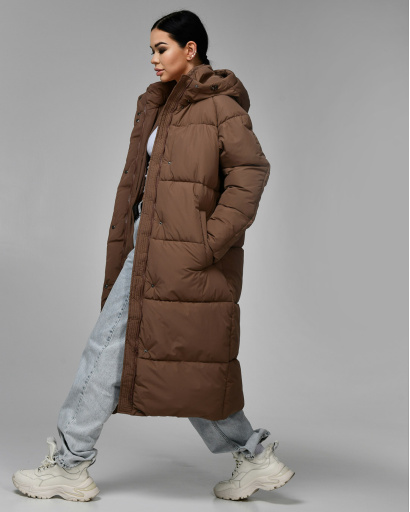 Длинный женский пуховик, цвет капучино 55650, Цвет: Коричневый, Размер: M, изображение 3
