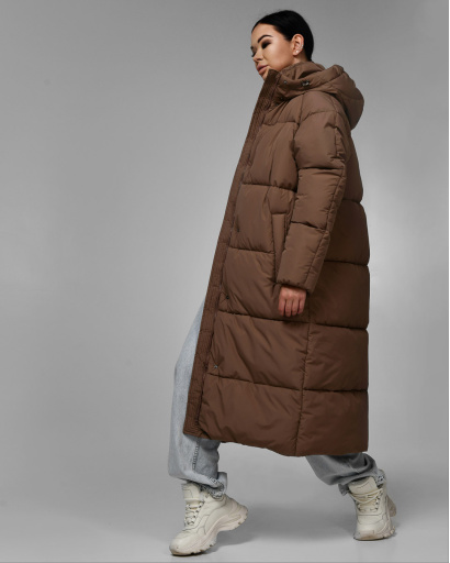 Длинный женский пуховик, цвет капучино 55650, Цвет: Коричневый, Размер: M, изображение 4
