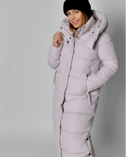 Жіночий довгий пуховик бежевого кольору 56109, Колір: Холодний беж, Розмір: XS, зображення 2