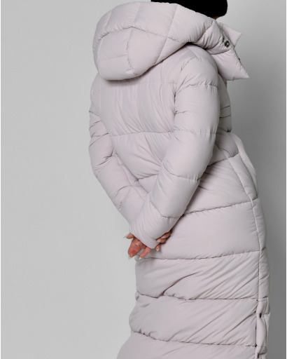 Жіночий довгий пуховик бежевого кольору 56109, Колір: Холодний беж, Розмір: XS, зображення 3