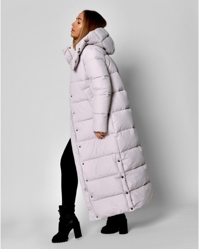 Жіночий довгий пуховик бежевого кольору 56109, Колір: Холодний беж, Розмір: XS, зображення 4