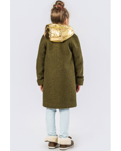 Детское двубортное пальто с лацканами цвета хаки-золото 33911, Цвет: Хаки, Размер: 122, изображение 2