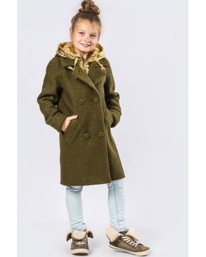 Детское двубортное пальто с лацканами цвета хаки-золото 33911, Цвет: Хаки, Размер: 122, изображение 3