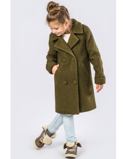 Детское двубортное пальто с лацканами цвета хаки-золото 33911, Цвет: Хаки, Размер: 122, изображение 4