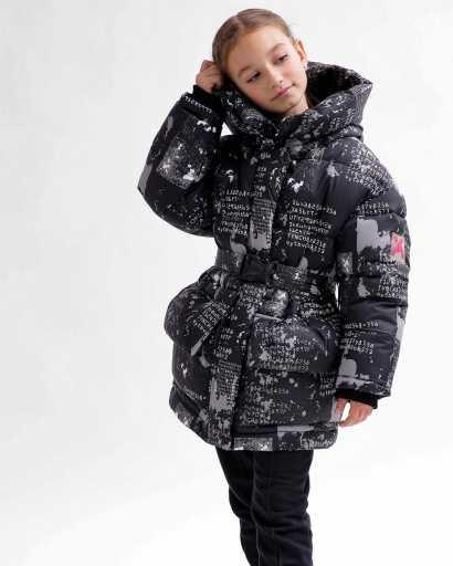 Черный пуховик с поясом для девочек 55828, Цвет: Черный, Размер: 116, изображение 4