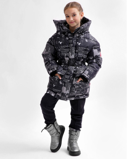 Черный пуховик с поясом для девочек 55828, Цвет: Черный, Размер: 116, изображение 5