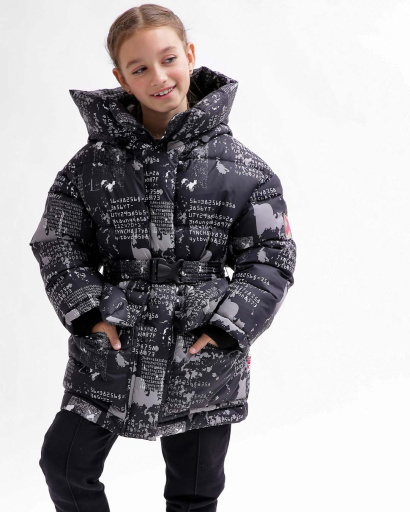Черный пуховик с поясом для девочек 55828, Цвет: Черный, Размер: 116, изображение 6