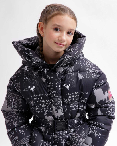 Черный пуховик с поясом для девочек 55828, Цвет: Черный, Размер: 116, изображение 7