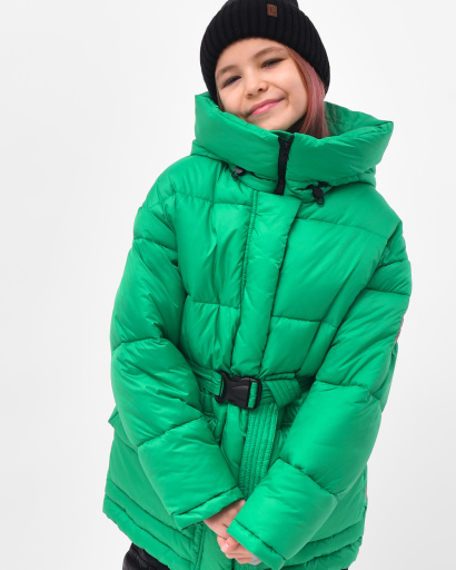 Зеленый пуховик с поясом для девочек 55829, Цвет: Зеленый, Размер: 152, изображение 5