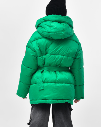 Зеленый пуховик с поясом для девочек 55829, Цвет: Зеленый, Размер: 152, изображение 2