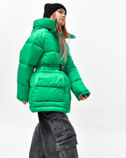 Зеленый пуховик с поясом для девочек 55829, Цвет: Зеленый, Размер: 152, изображение 4
