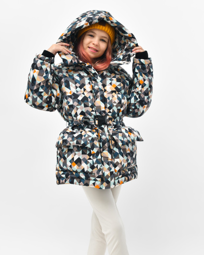 Разноцветный пуховик с поясом для девочек 55830, Цвет: Мультиколор, Размер: 116, изображение 3