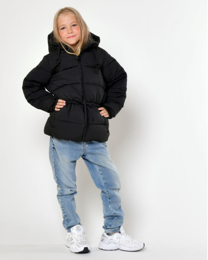 Черный детский пуховик на экопухе 56057, Цвет: Черный, Размер: 128, изображение 4