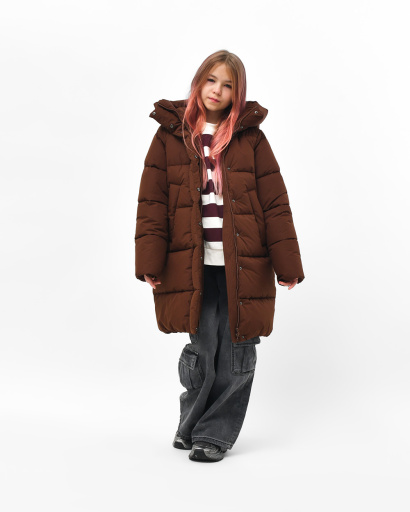 Зимний коричневый пуховик для девочки на эко-пухе 57169, Цвет: Коричневый, Размер: 128, изображение 2