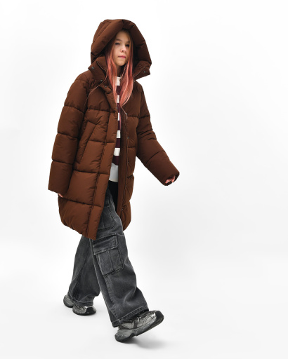 Зимний коричневый пуховик для девочки на эко-пухе 57169, Цвет: Коричневый, Размер: 128, изображение 5