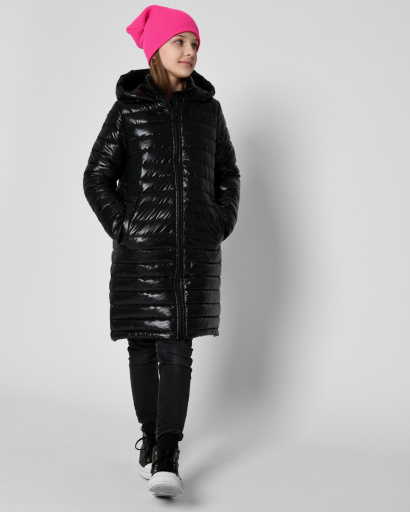 Довга стьобана чорна куртка для дівчинки 53329, Колір: Чорний, Розмір: 140, зображення 2